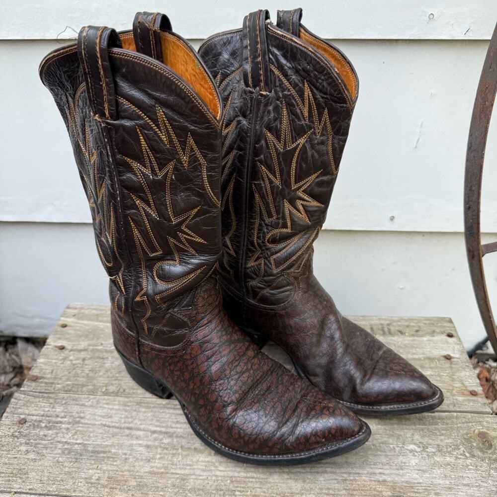 Vintage 70s Tony Lama Exotic Caribou Brown Leather Cowboy Boots 7.5D Black Label